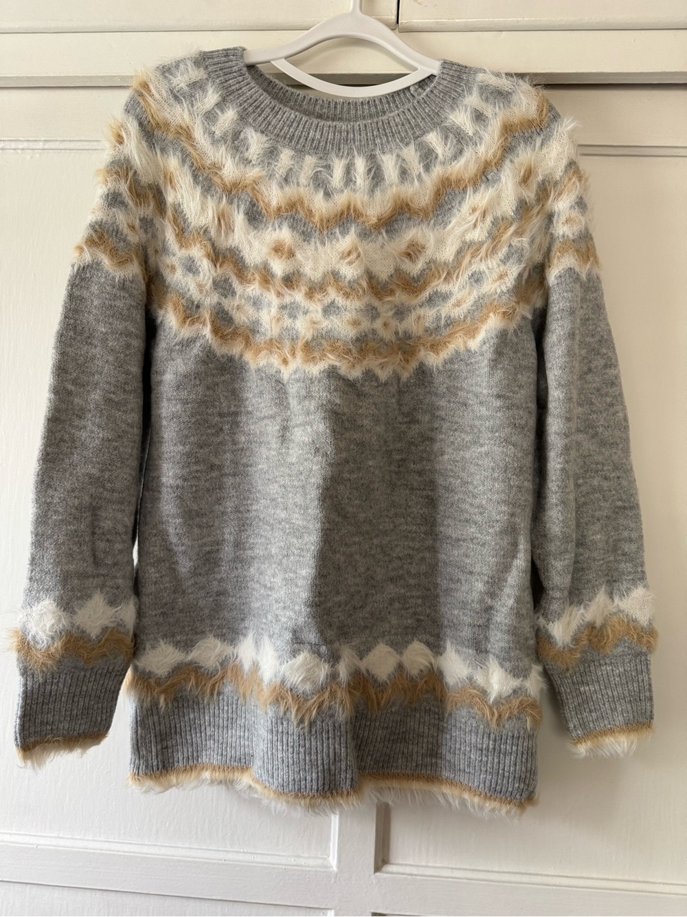 Marc New York Soft Grey Fair Isle Fuzzy Crewneck Sweater Alaskan Style Sz S-M